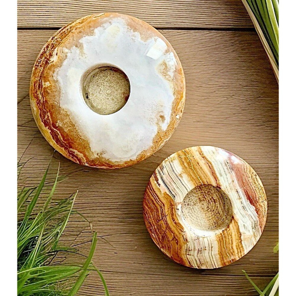 VINTAGE ONYX CANDLE HOLDERS 2pc Set ROUND MARBLE DISC ORGANIC MODERN JAPANDI